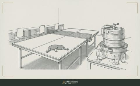 Antique engraving illustration. An empty office after hours: a ping pong table with two paddles and a ball left on it, and beside it a steel beer keg in an ice tub surrounded by dirty empty pint glasses, one tipped over, with empty desks and chairs behind.