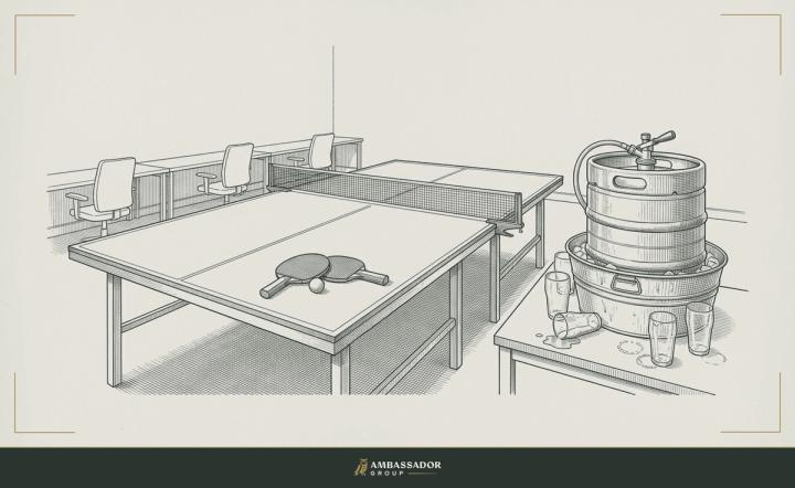 Antique engraving illustration. An empty office after hours: a ping pong table with two paddles and a ball left on it, and beside it a steel beer keg in an ice tub surrounded by dirty empty pint glasses, one tipped over, with empty desks and chairs behind.