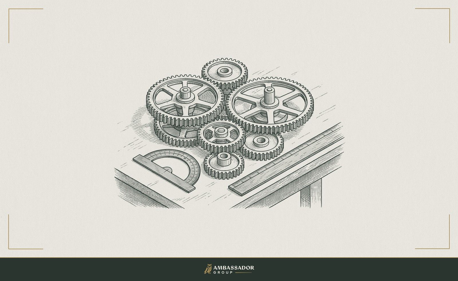 Antique engraving illustration. An arrangement of gears of different sizes meshed precisely together on a drafting table, a protractor and rule laid alongside them.