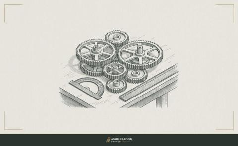 Antique engraving illustration. An arrangement of gears of different sizes meshed precisely together on a drafting table, a protractor and rule laid alongside them.