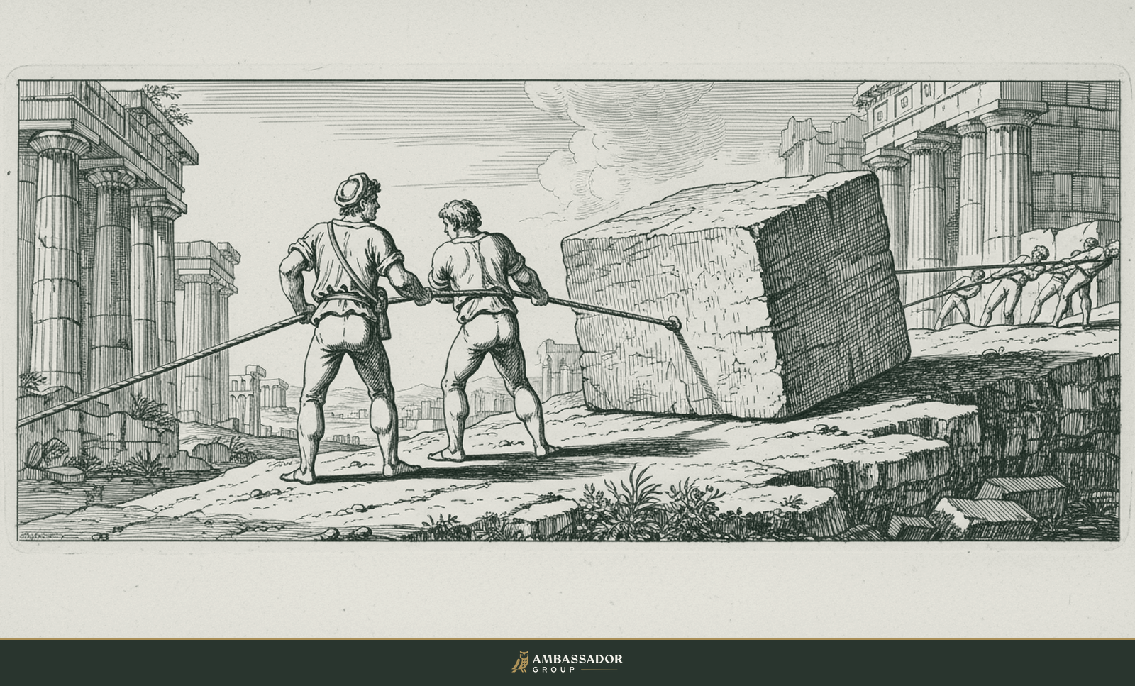 Antique engraving illustration. Two figures at the front of a rope-hauling crew, leader and led together dragging a great cut stone block.