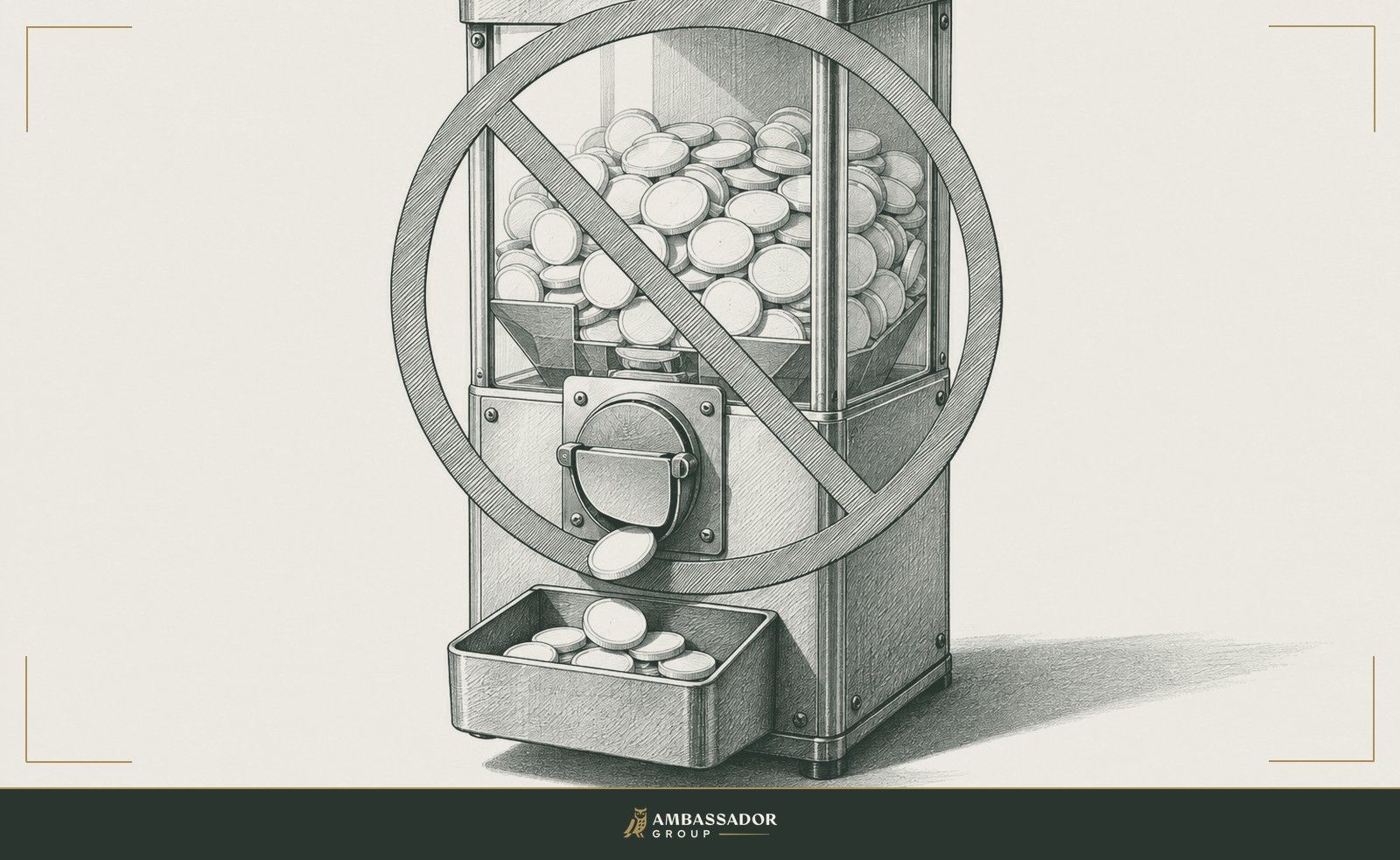 Antique engraving illustration. A vending machine dispensing identical blank tokens into a tray, a prohibition bar struck across its face.