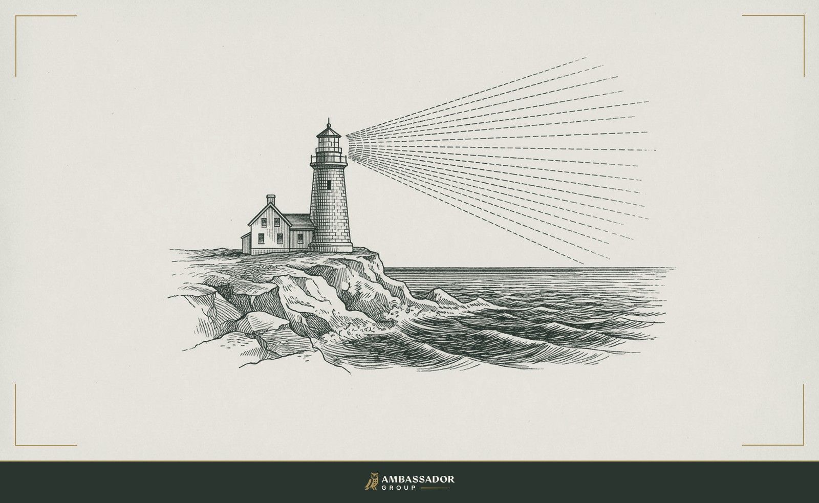 Antique engraving illustration. A lighthouse on a rocky promontory with its beam sweeping outward across dark water, the signal broadcast steadily whether or not any vessel is watching.