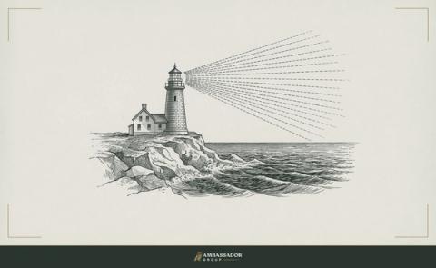 Antique engraving illustration. A lighthouse on a rocky promontory with its beam sweeping outward across dark water, the signal broadcast steadily whether or not any vessel is watching.