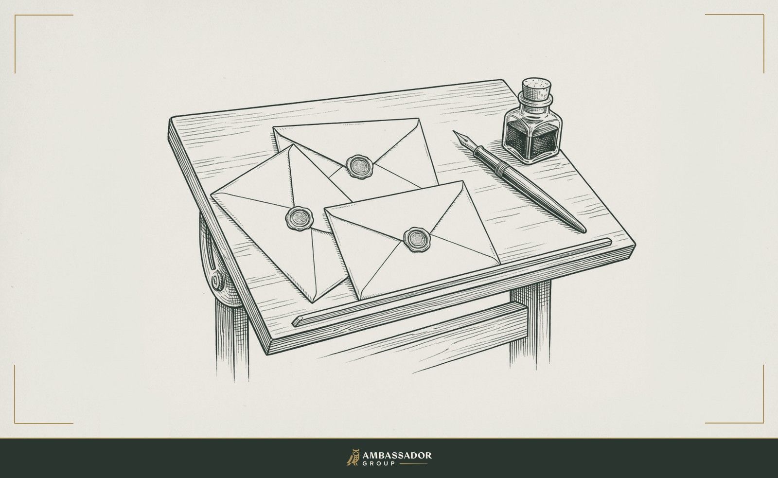 Antique engraving illustration. Three wax-sealed envelopes rest on a drafting table beside a fountain pen and an inkwell.
