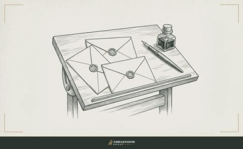 Antique engraving illustration. Three wax-sealed envelopes rest on a drafting table beside a fountain pen and an inkwell.