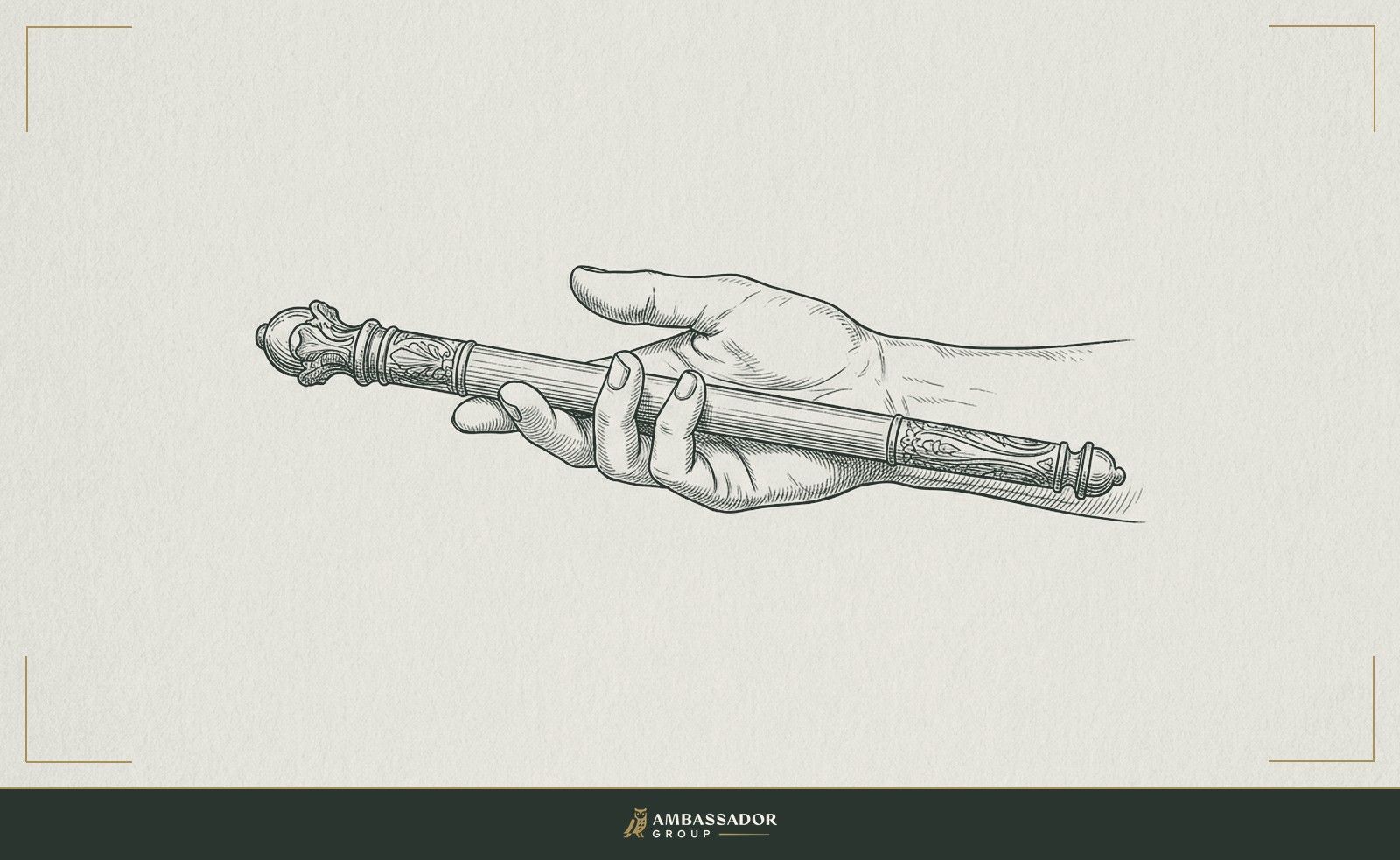 Antique engraving illustration. A ceremonial baton resting in an open hand extended forward, the relay gesture caught at the moment of deliberate transfer rather than a fumbled drop.