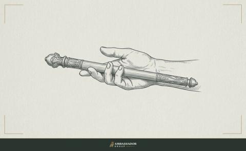 Antique engraving illustration. A ceremonial baton resting in an open hand extended forward, the relay gesture caught at the moment of deliberate transfer rather than a fumbled drop.