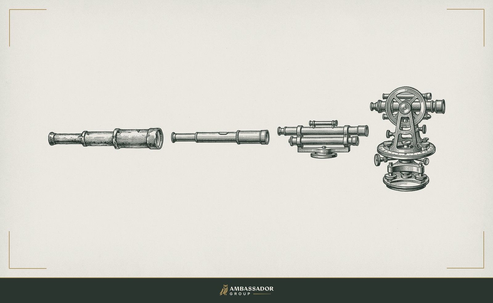 Antique engraving illustration. A series of telescoping brass instruments arranged in a line from crude to refined, the earliest simple and rough, the latest a precision theodolite, tracing a century of calibration.