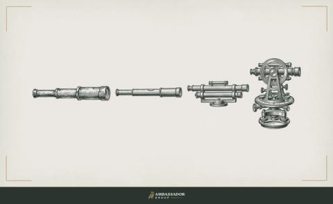 Antique engraving illustration. A series of telescoping brass instruments arranged in a line from crude to refined, the earliest simple and rough, the latest a precision theodolite, tracing a century of calibration.