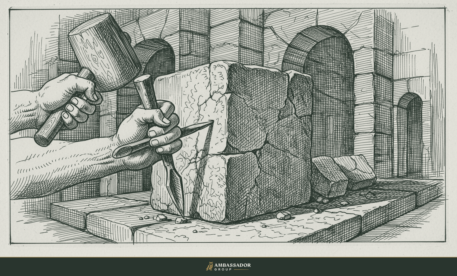 Antique engraving illustration. A stonemason's hand chiseling into a building cornerstone, mallet poised, carving a foundation that will not move.