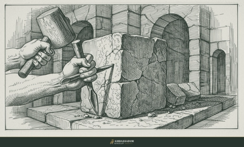 Antique engraving illustration. A stonemason's hand chiseling into a building cornerstone, mallet poised, carving a foundation that will not move.