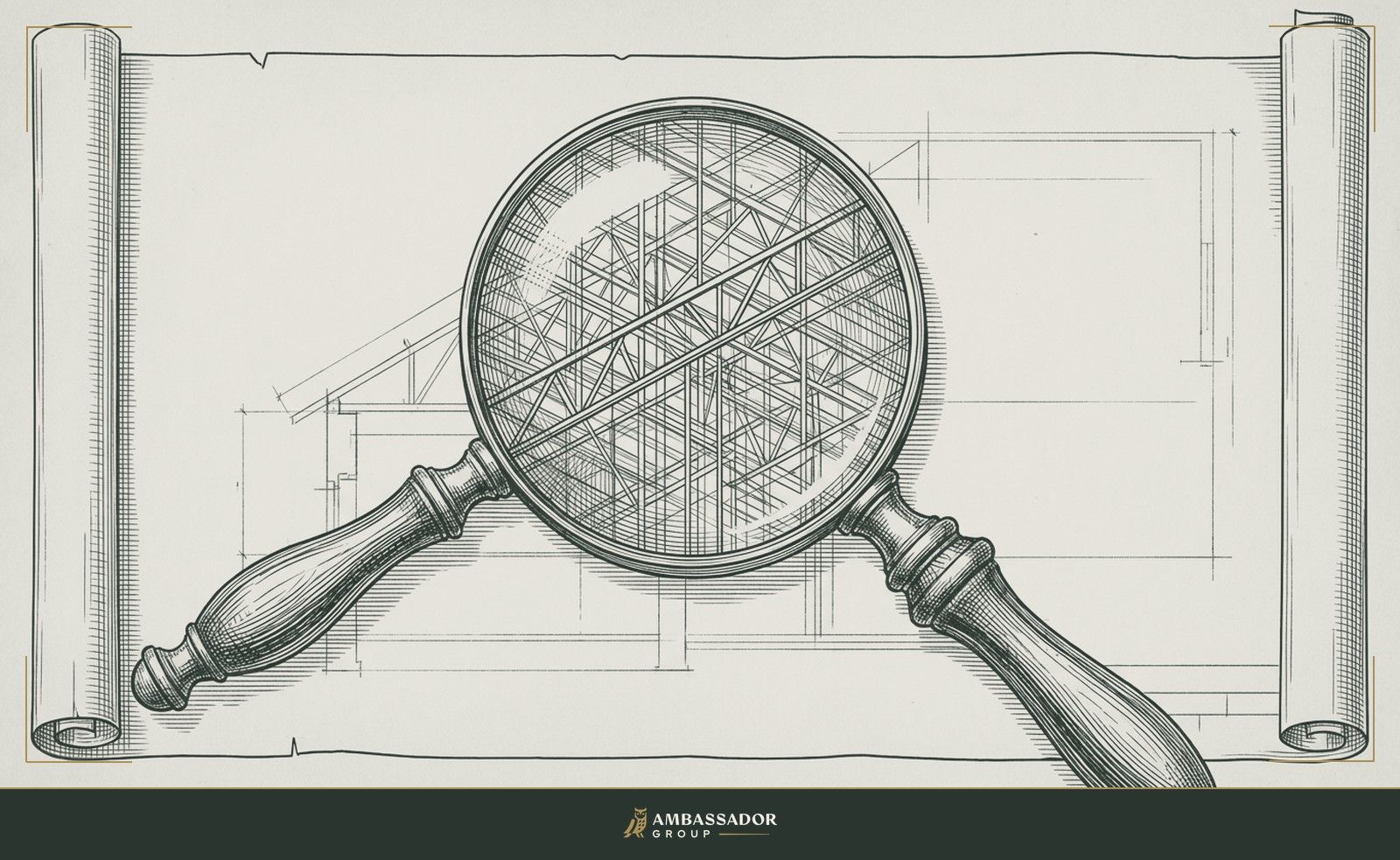 Antique engraving illustration. A magnifying glass held over a blueprint detail, revealing a complex system of framing lines invisible to the naked eye from a distance.