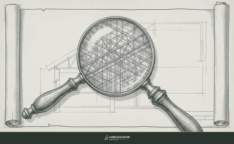 Antique engraving illustration. A magnifying glass held over a blueprint detail, revealing a complex system of framing lines invisible to the naked eye from a distance.