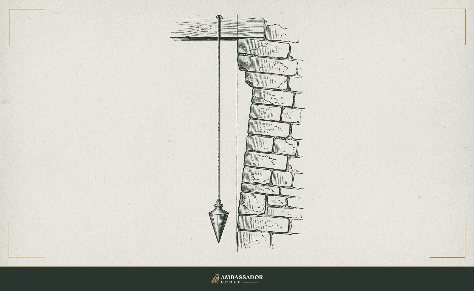 Antique engraving illustration. A plumb line hanging straight and true beside a wall built with visibly tilted courses, the bob's perfect vertical silently indicting every crooked assumption in the masonry.