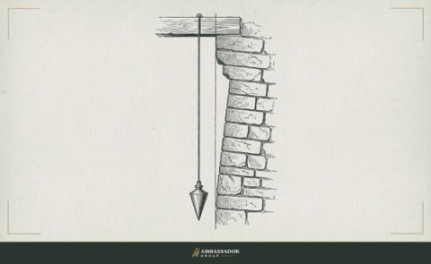 Antique engraving illustration. A plumb line hanging straight and true beside a wall built with visibly tilted courses, the bob's perfect vertical silently indicting every crooked assumption in the masonry.