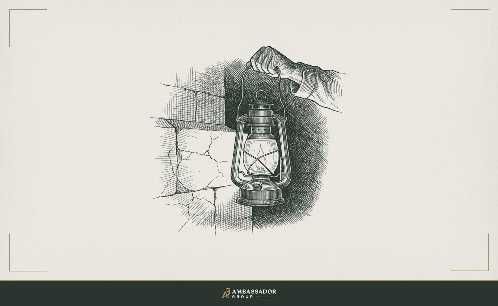 Antique engraving illustration. A hand-held lantern with its flame burning clear, held out toward the viewer, illuminating a cracked foundation wall just visible in the shadows behind it.