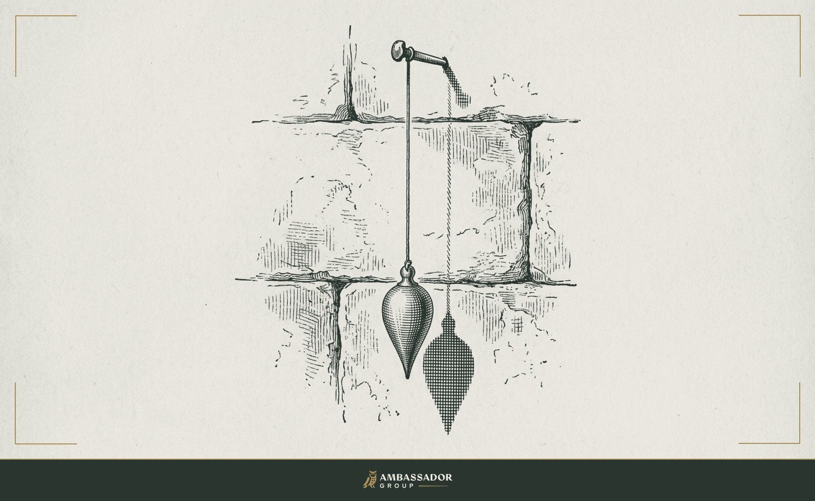 Antique engraving illustration. A plumb line hanging from an iron nail, bob suspended perfectly still, casting a crisp shadow on a stone foundation wall.