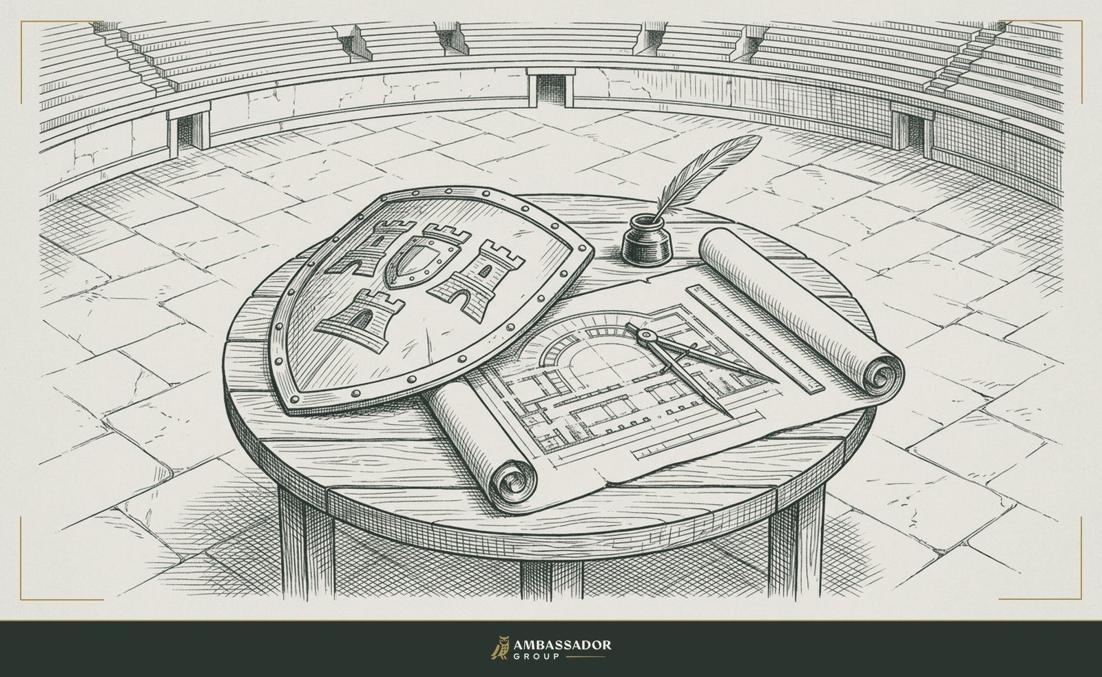 Antique engraving illustration. A shield and a set of blueprints laid side by side on a field table, the tools of someone who bears both protection and accountability, standing in the arena.