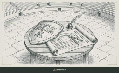 Antique engraving illustration. A shield and a set of blueprints laid side by side on a field table, the tools of someone who bears both protection and accountability, standing in the arena.