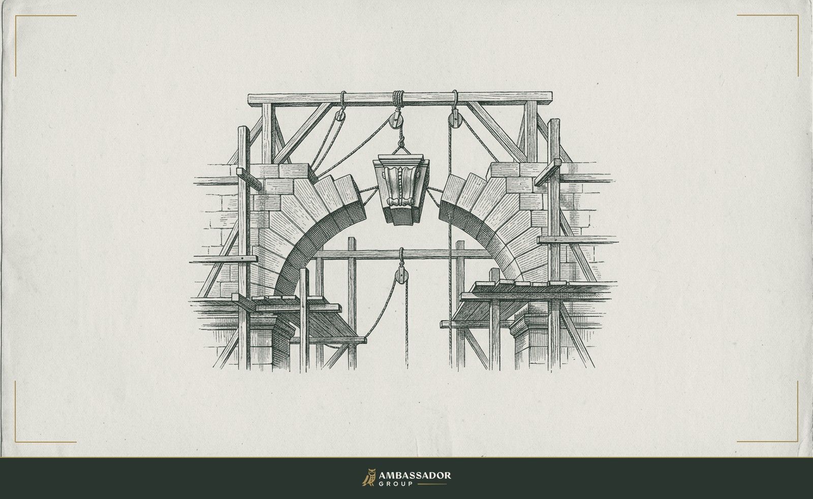 Antique engraving illustration. A load-bearing keystone hanging in mid-arch, its adjoining voussoirs unset, the surrounding scaffolding still in place as the structure waits for its owner to close the gap.