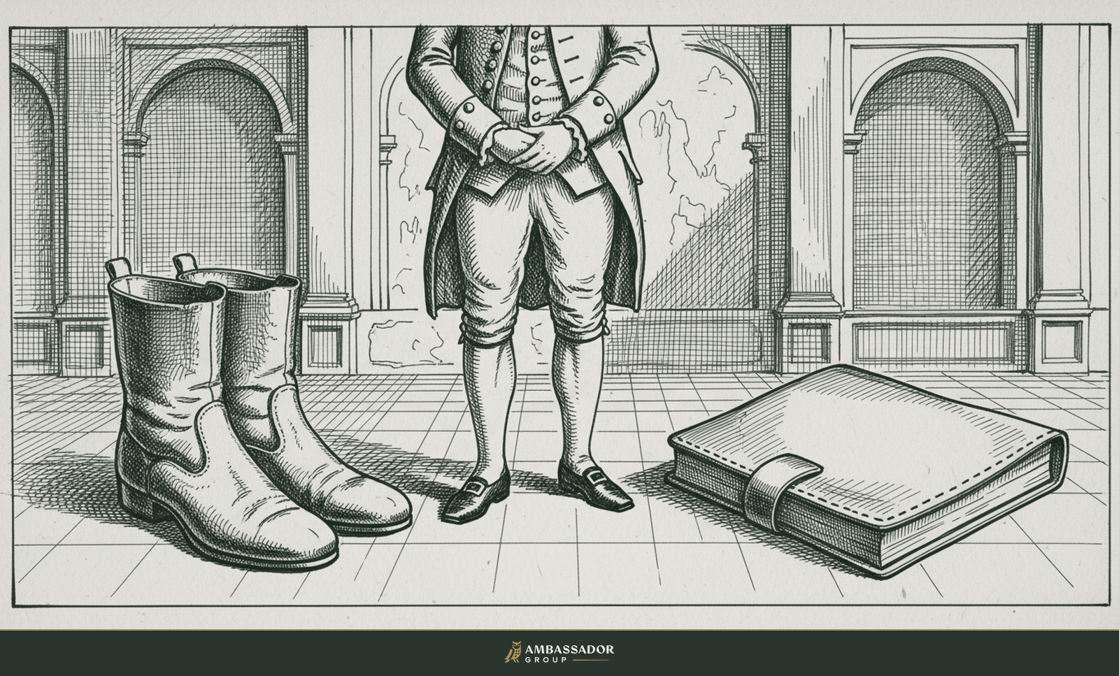 Antique engraving illustration. A candidate's carefully prepared kit laid out before an interview: polished boots, a leather folio, and a steady poised posture.