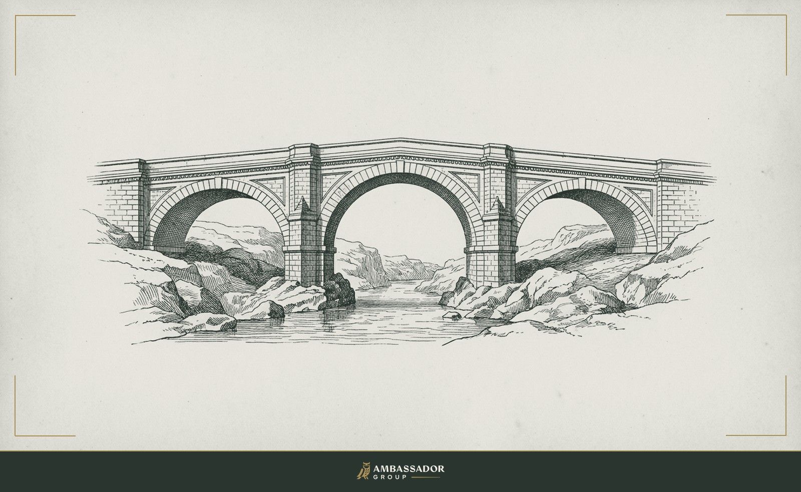 Antique engraving illustration. A three-arched stone bridge spanning a river gorge.