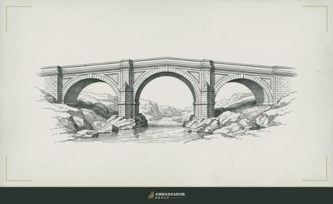 Antique engraving illustration. A three-arched stone bridge spanning a river gorge.