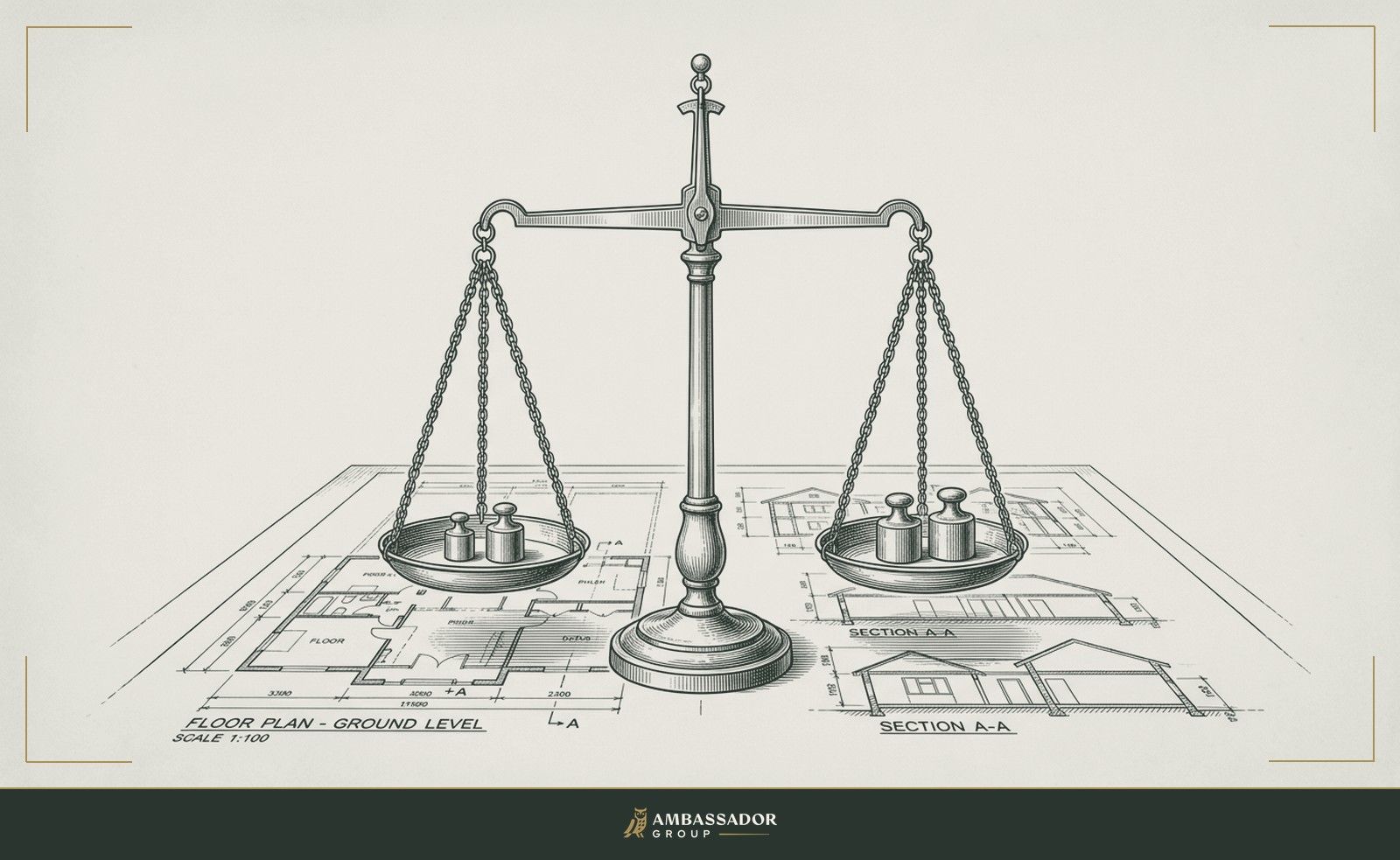 Antique engraving illustration. A two-pan balance scale stands level over a sheet of floor plans and building sections, a small brass weight in each pan.