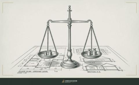 Antique engraving illustration. A two-pan balance scale stands level over a sheet of floor plans and building sections, a small brass weight in each pan.
