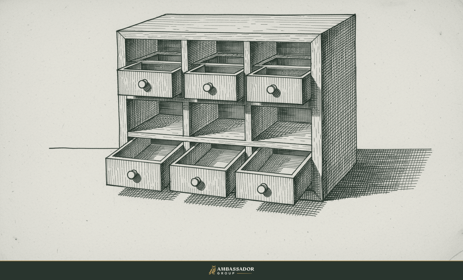Antique engraving illustration. A craftsman's cabinet of nine small empty compartments in a three by three grid, a sorting frame of nine drawers.