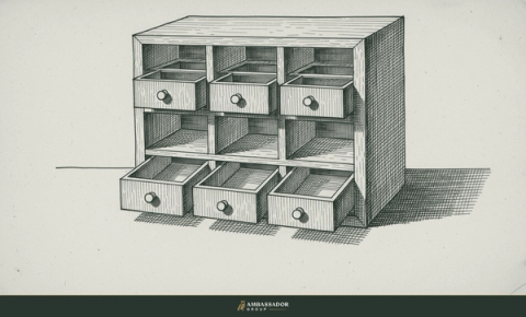 Antique engraving illustration. A craftsman's cabinet of nine small empty compartments in a three by three grid, a sorting frame of nine drawers.