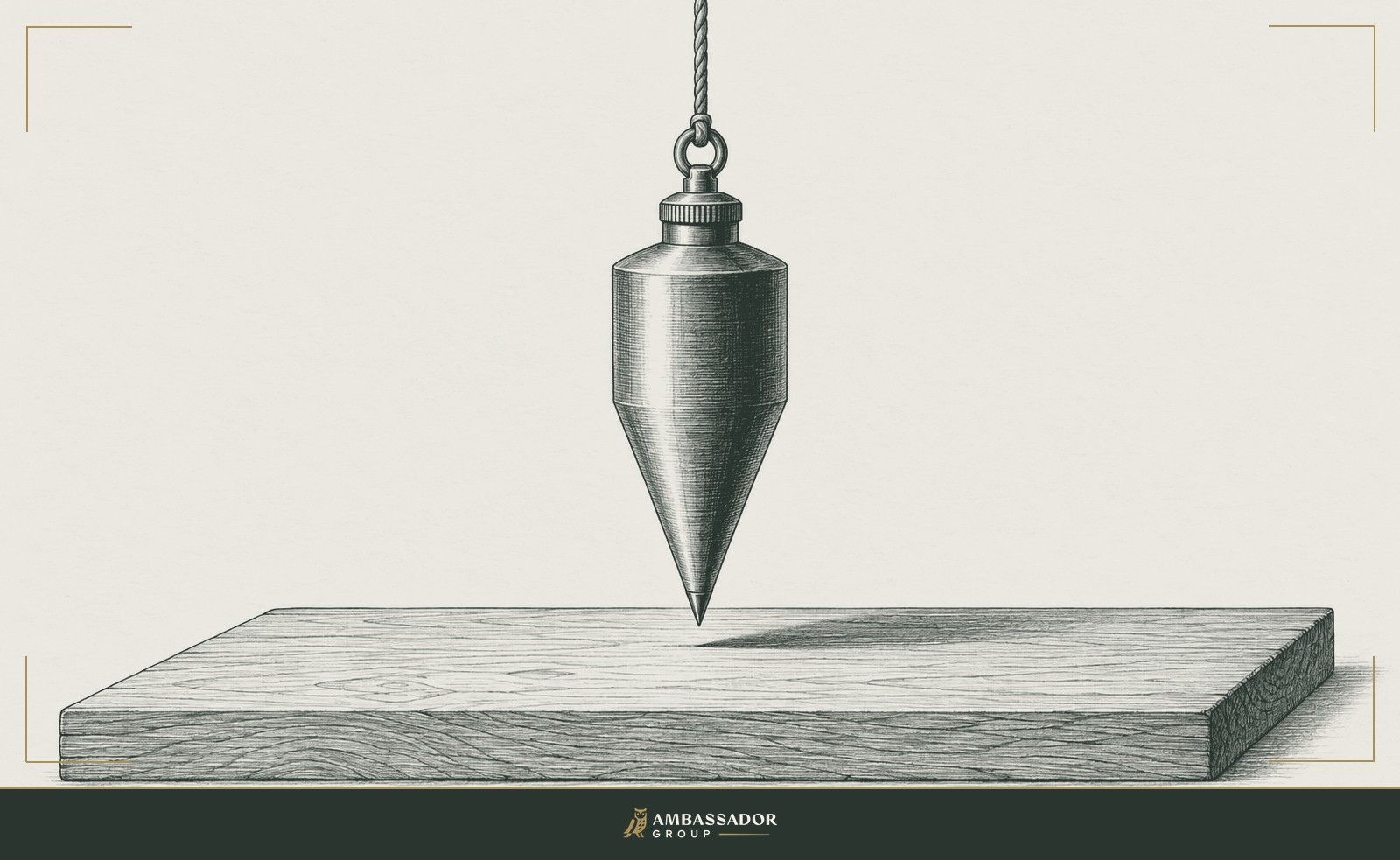 Antique engraving illustration. A plumb bob suspended from a cord, its pointed tip hovering just above a flat wooden board.