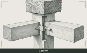 Antique engraving illustration. A cross-sectional mortise-and-tenon timber joint bears a weight resting directly on its intersection, showing the hidden structure a load-bearing connection depends on.