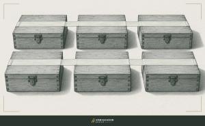 Antique engraving illustration. Six sealed wooden boxes arranged in two rows, a plain unmarked tape stretched across all six lids in one continuous line.