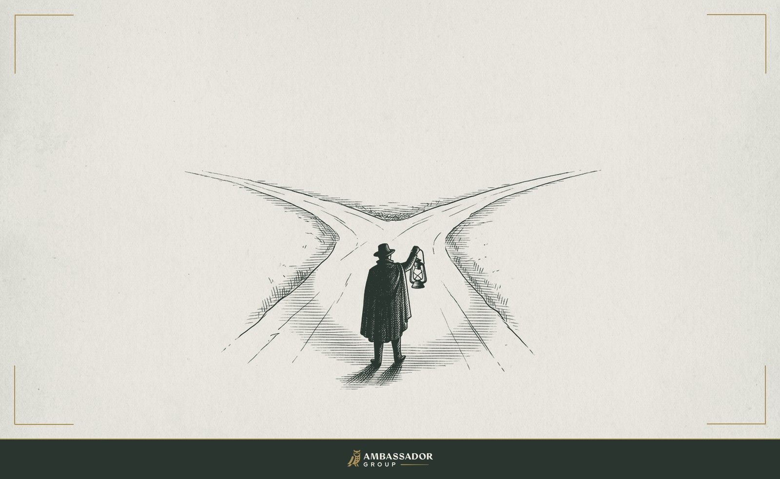 Antique engraving illustration. A lantern held at arm's length by a traveler silhouetted from behind, the beam illuminating a fork in a road, both paths clearly visible and equally lit.