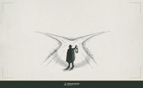 Antique engraving illustration. A lantern held at arm's length by a traveler silhouetted from behind, the beam illuminating a fork in a road, both paths clearly visible and equally lit.