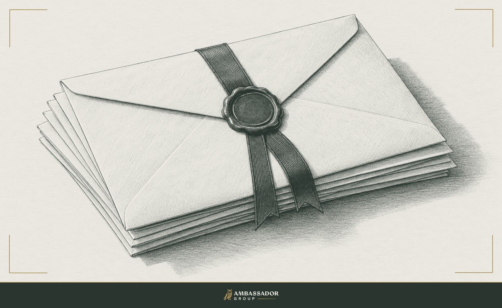 Antique engraving illustration. A sealed letter of recommendation resting atop a stack of plain letters, its wax seal intact and its ribbon a distinct shade apart from the rest.