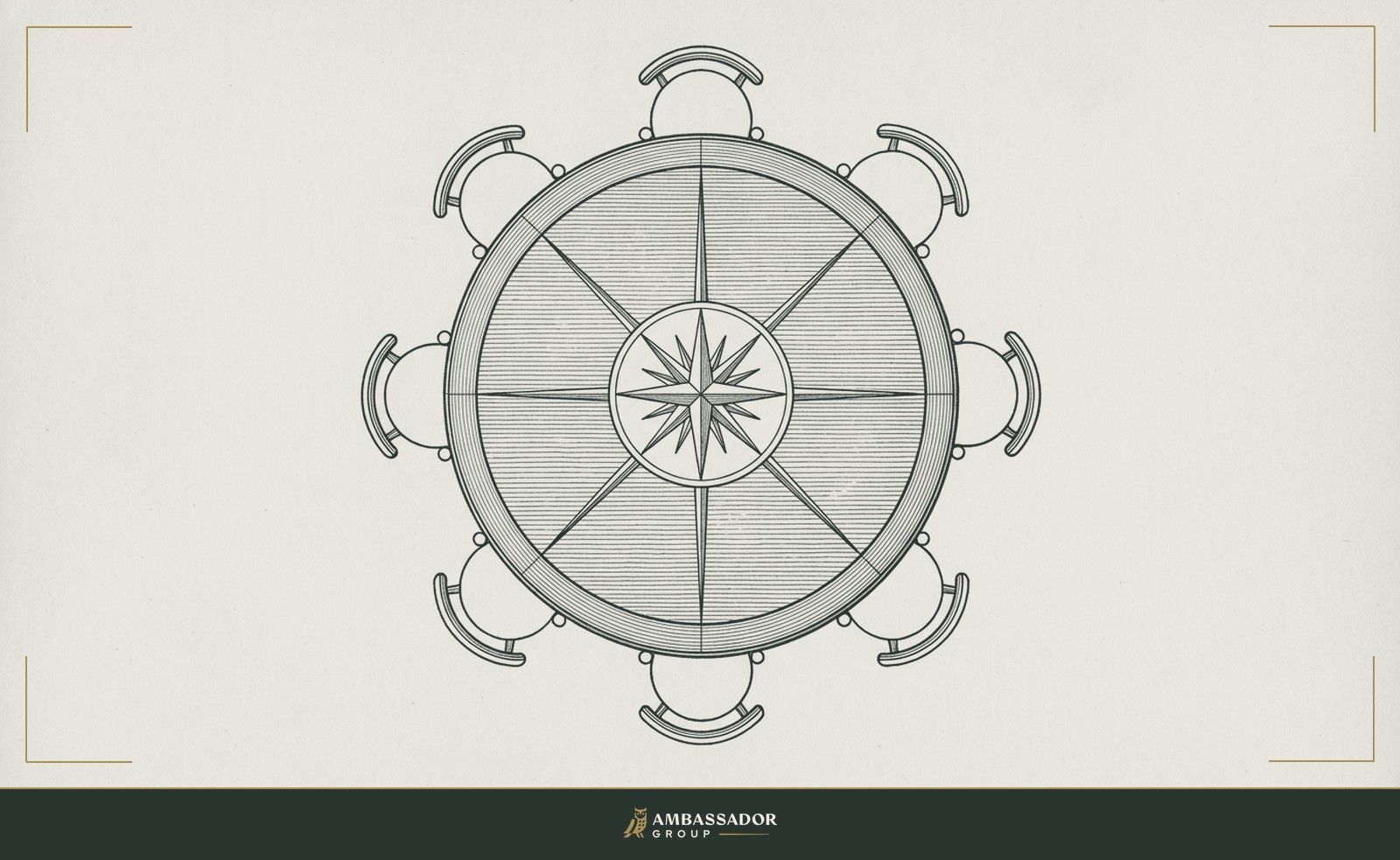 Antique engraving illustration. A round table with a compass rose inlaid at its center, radiating lines pointing outward to each seat, indicating that every direction of the hiring journey has its own bearing from one shared point.