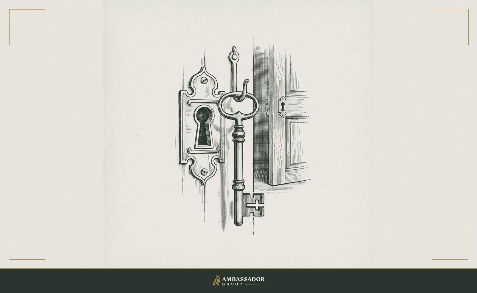 Antique engraving illustration. A key hanging on a hook beside a keyhole that does not match its profile, the correct door left ajar in the background.