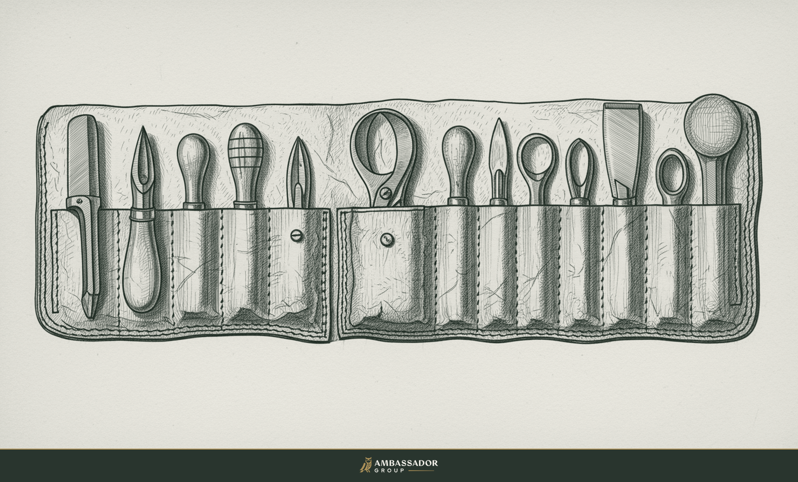 Antique engraving illustration. A master craftsman's worn leather tool roll unrolled flat, every instrument seated precisely in its practiced place.