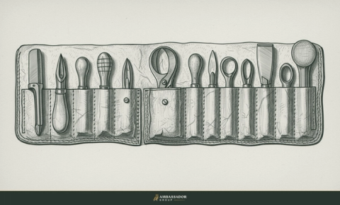 Antique engraving illustration. A master craftsman's worn leather tool roll unrolled flat, every instrument seated precisely in its practiced place.