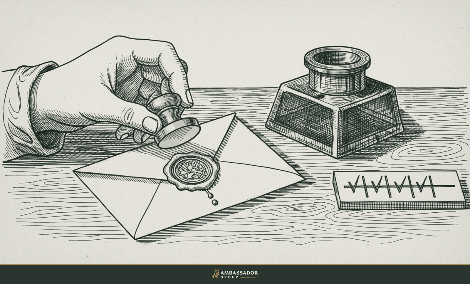Antique engraving illustration. A hand poised with a brass wax seal over a finished folded letter, a short tally of carved checkmarks beside the inkwell.