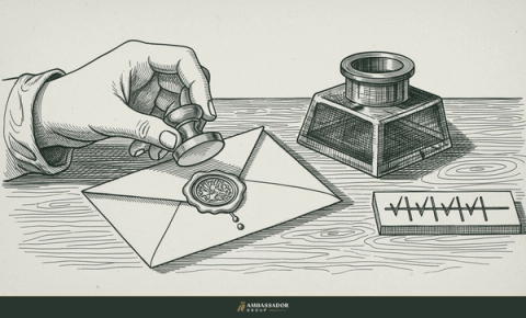 Antique engraving illustration. A hand poised with a brass wax seal over a finished folded letter, a short tally of carved checkmarks beside the inkwell.