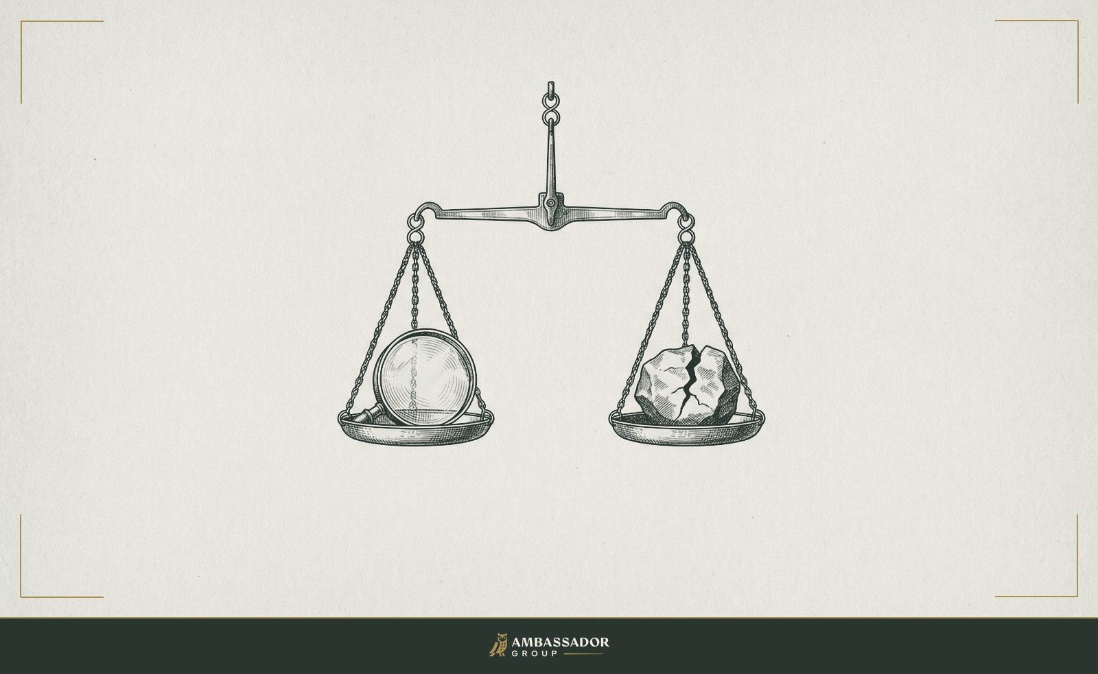 Antique engraving illustration. A balance scale with a magnifying glass placed on one pan and a cracked stone on the other, the two sides nearly level, cautioning against weighing evidence too heavily in either direction.