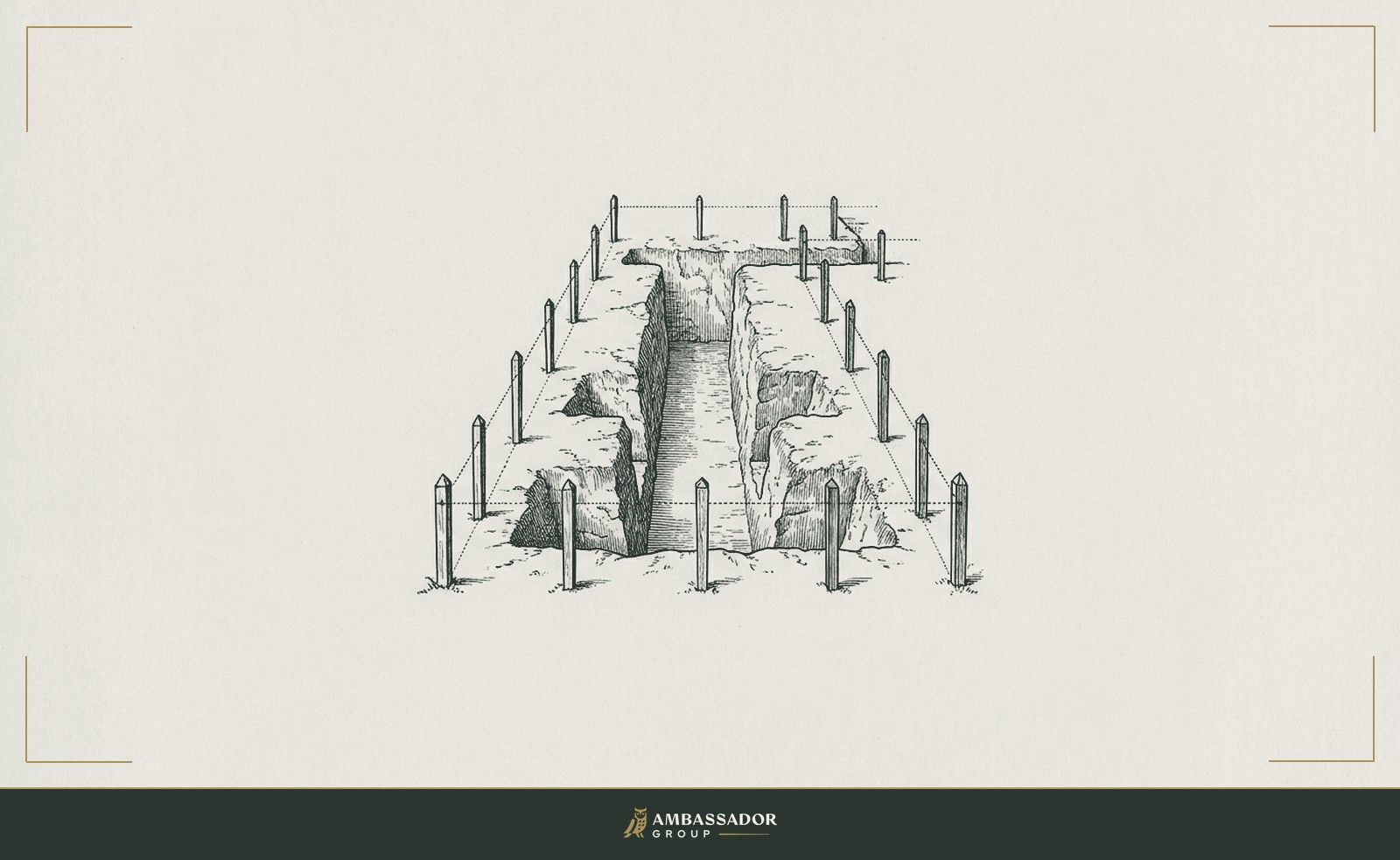 Antique engraving illustration. A narrow foundation trench dug for a small post, unexpectedly deep and difficult, with a full set of surveying stakes around it marking a deceptively complex site.