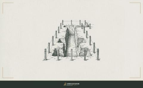 Antique engraving illustration. A narrow foundation trench dug for a small post, unexpectedly deep and difficult, with a full set of surveying stakes around it marking a deceptively complex site.