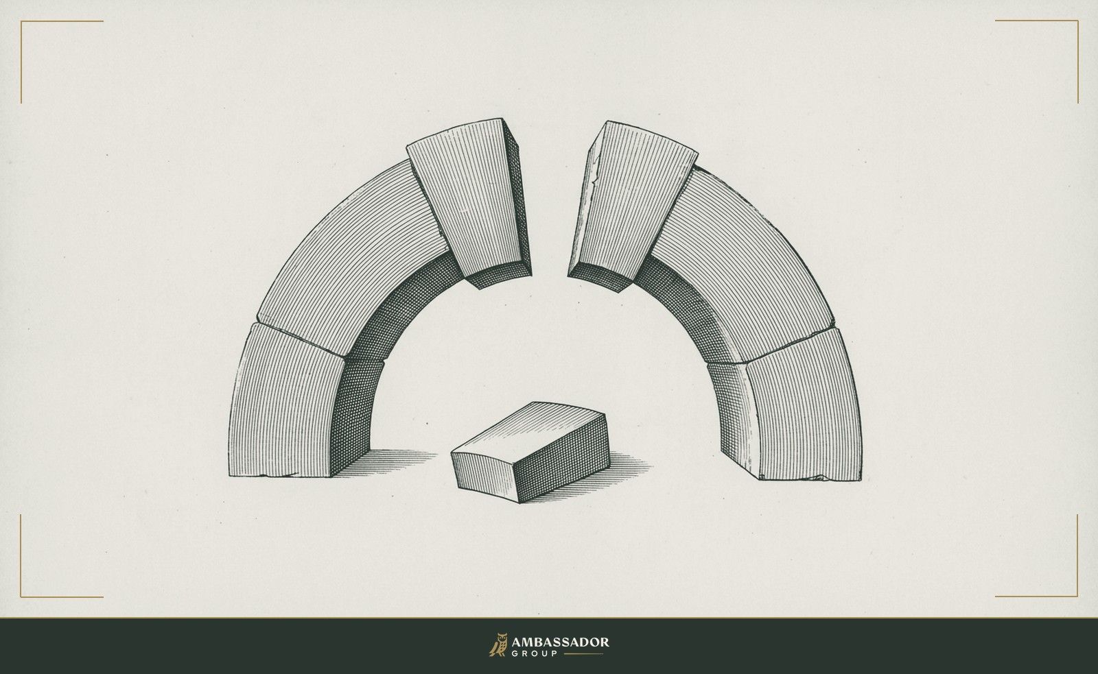 Antique engraving illustration. A keystone removed from the apex of an archway, the two flanking voussoirs beginning to lean inward toward the gap it left.