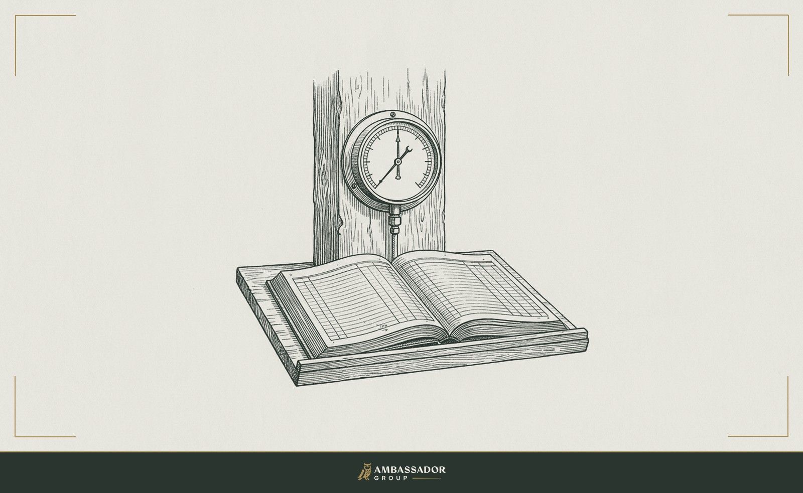 Antique engraving illustration. A dial gauge mounted flush in a timber post, its needle pointing to a calibrated midpoint, with a pay ledger open beneath it on a board.