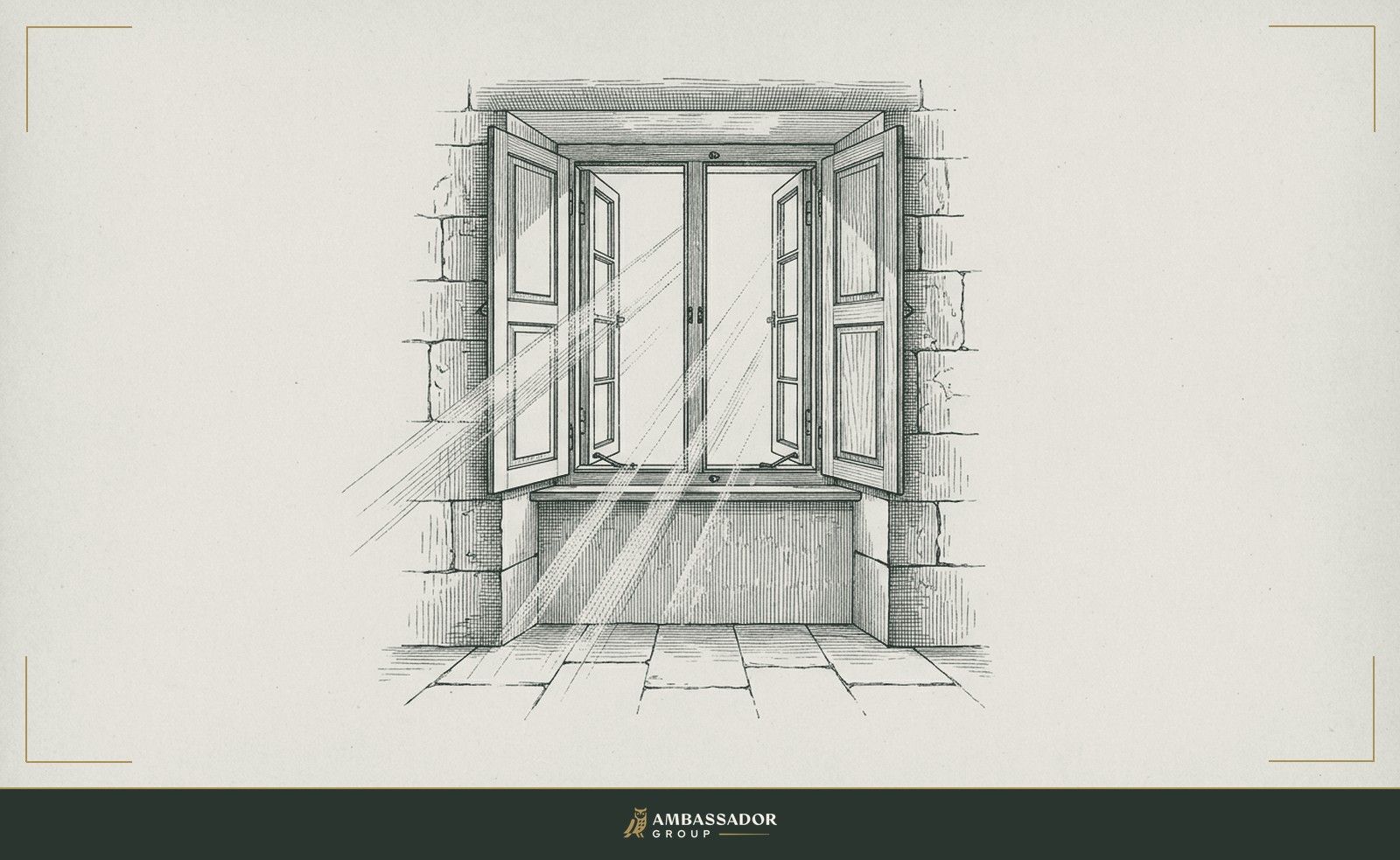 Antique engraving illustration. An open window with its shutters thrown wide, morning light falling across a clear interior, the transparent threshold between inside and outside without any veil.